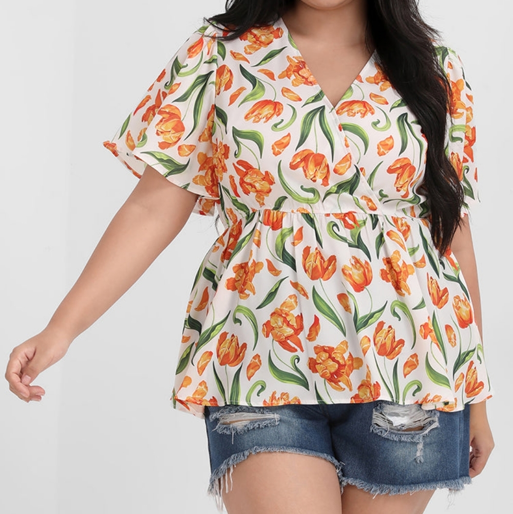 BLOOMCHIC Floral Ruffled Waistline Inside Wrap Blouse Orange Size 22